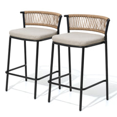 Outdoor Patio Bar Stool Set of 2 with Cushion and Rattan Back