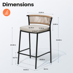 Outdoor Patio Bar Stool Set of 2 with Cushion and Rattan Back