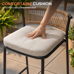 Outdoor Patio Bar Stool Set of 2 with Cushion and Rattan Back