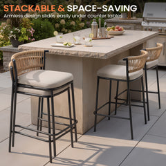 Outdoor Patio Bar Stool Set of 2 with Cushion and Rattan Back