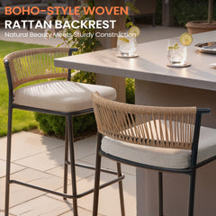 Outdoor Patio Bar Stool Set of 2 with Cushion and Rattan Back