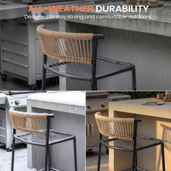 Outdoor Patio Bar Stool Set of 2 with Cushion and Rattan Back