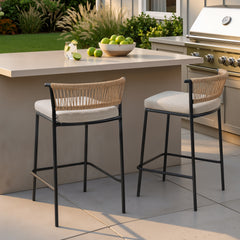 Outdoor Patio Bar Stool Set of 2 with Cushion and Rattan Back
