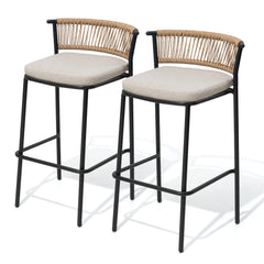 Outdoor Patio Bar Stool Set of 2 with Cushion and Rattan Back
