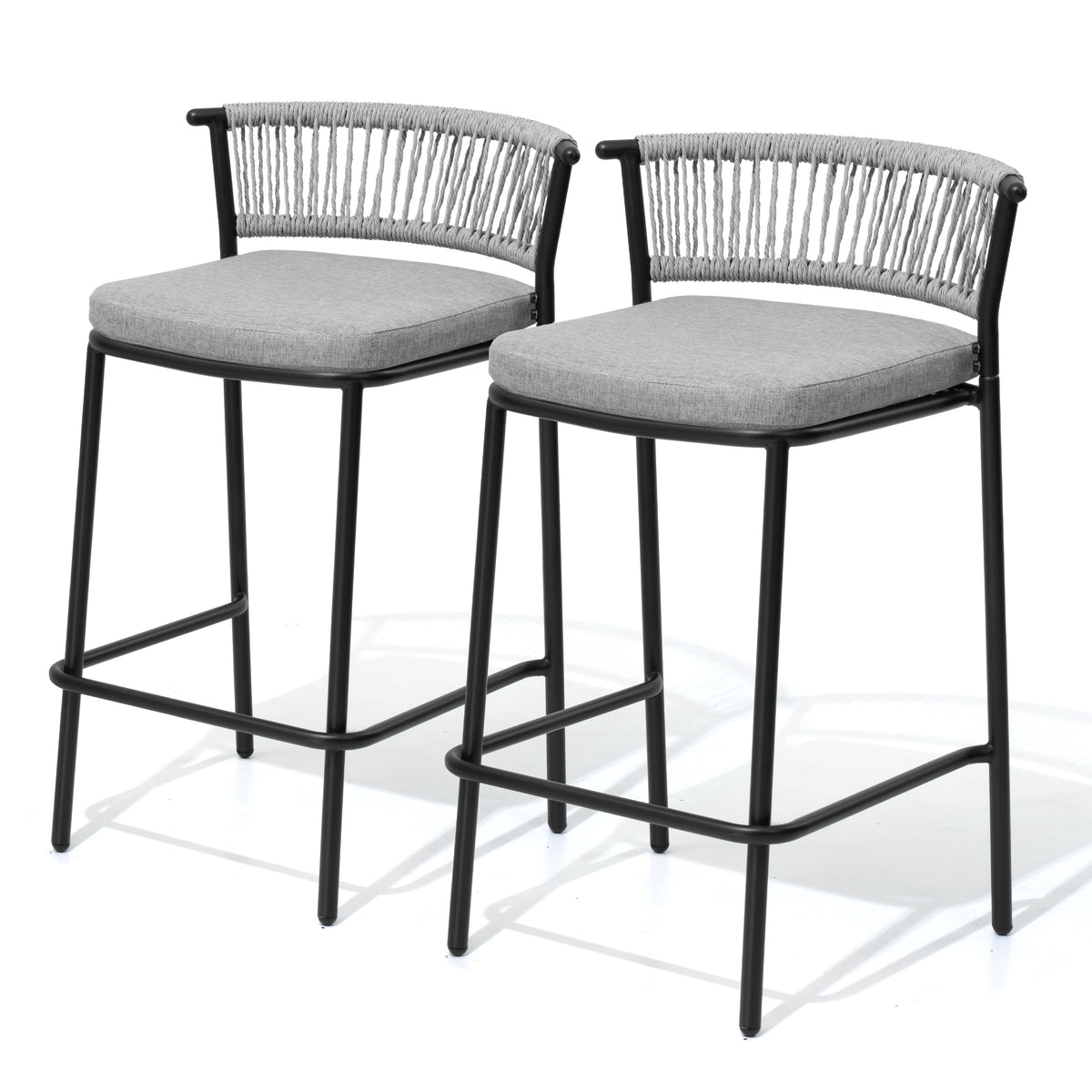Outdoor Patio Bar Stool Set of 2 with Cushion and Rattan Back