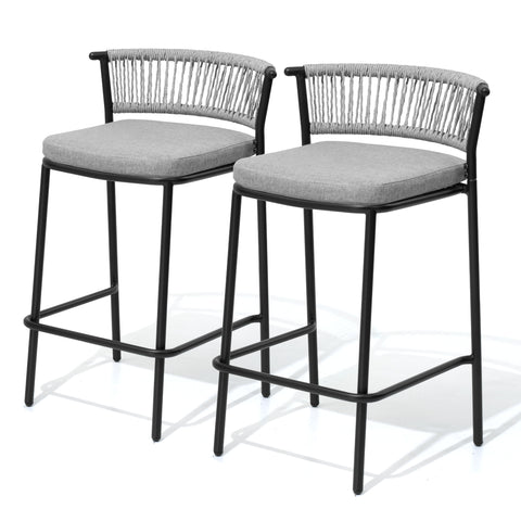 Outdoor Patio Bar Stool Set of 2 with Cushion and Rattan Back
