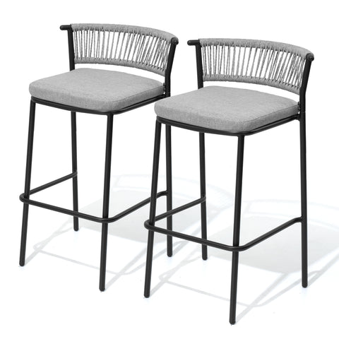 Outdoor Patio Bar Stool Set of 2 with Cushion and Rattan Back