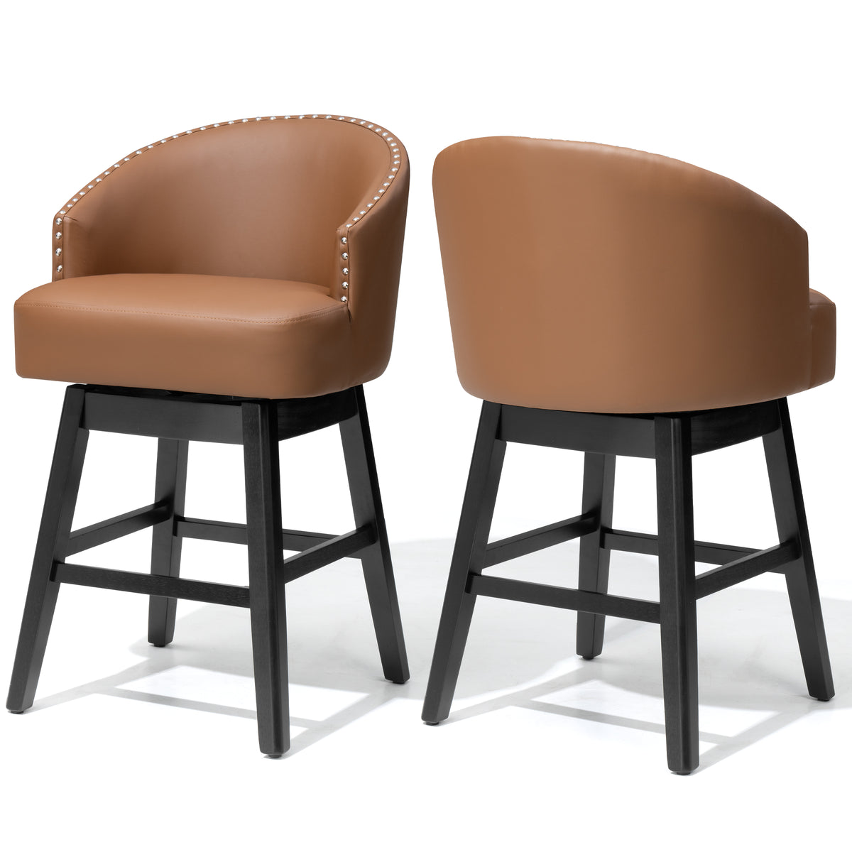 Swivel PU Leather Bar Stools with Wood Base, Set of 2