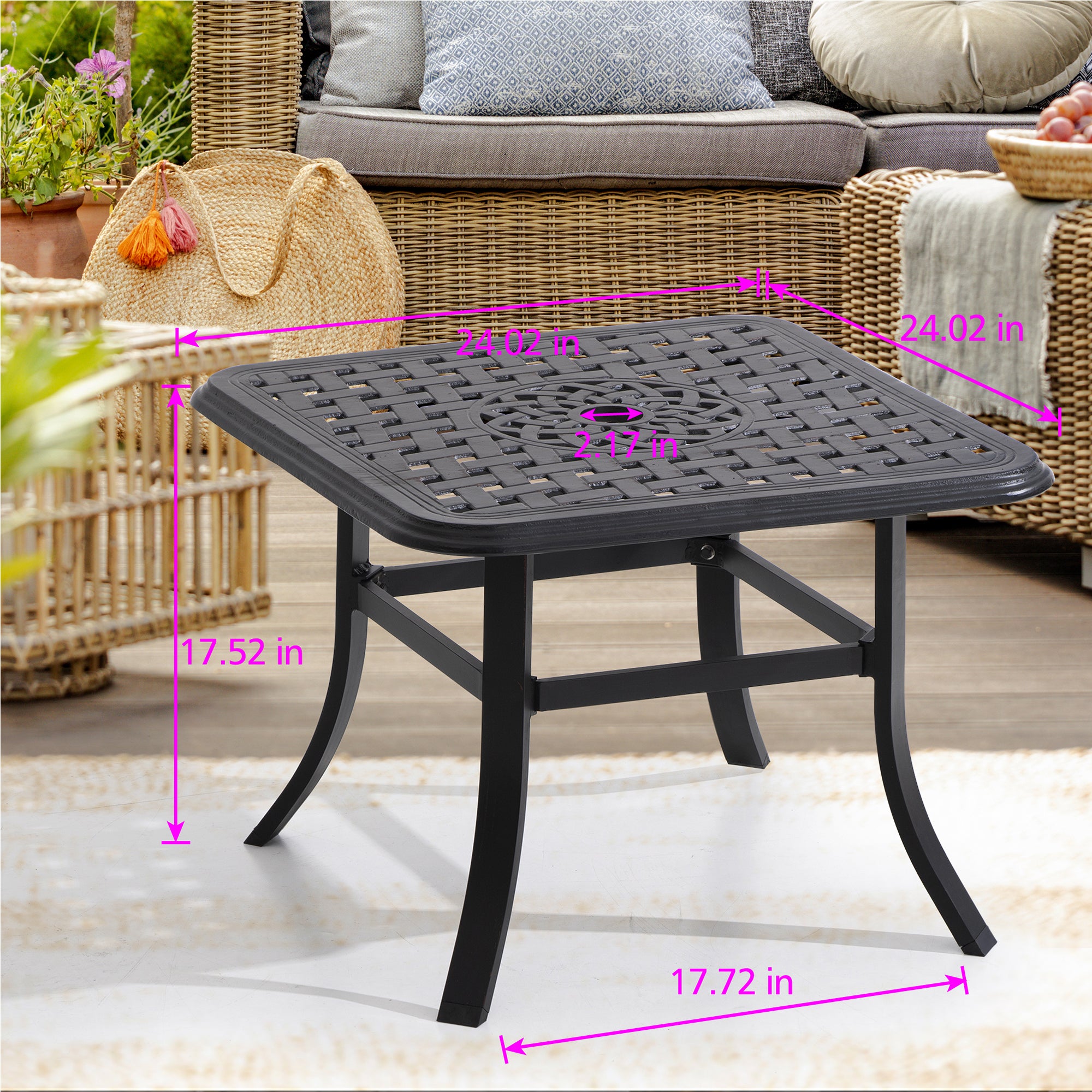 Pellebant Black Square Cast Aluminum Outdoor Side Table with Umbrella Hole