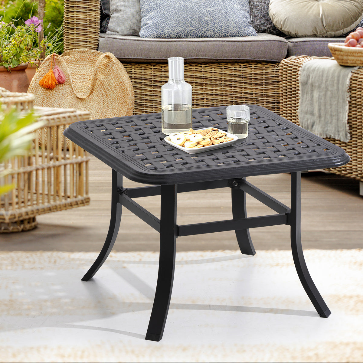 Pellebant Black Square Cast Aluminum Outdoor Side Table with Umbrella Hole