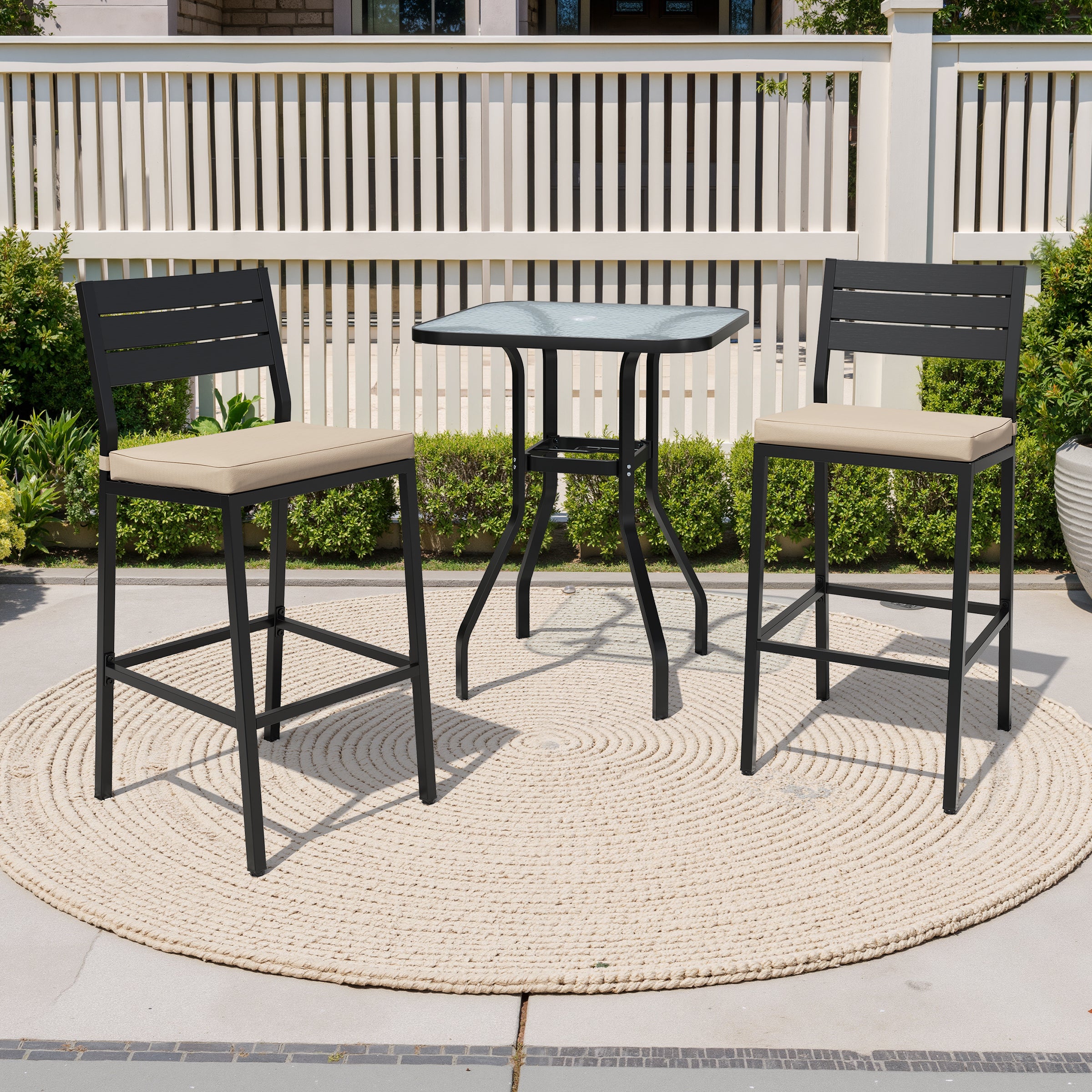 3-Piece Metal Glass Top Outdoor Bar Set