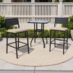 3-Piece Metal Frame Outdoor Bar Set with Glass Top and Umbrella Hole