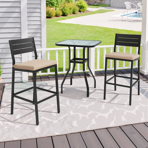 3-Piece Metal Frame Outdoor Bar Set with Glass Top and Umbrella Hole