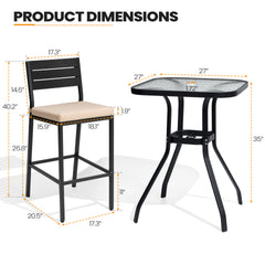 3-Piece Metal Frame Outdoor Bar Set with Glass Top and Umbrella Hole