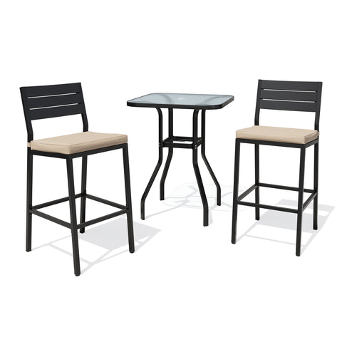 3-Piece Metal Frame Outdoor Bar Set with Glass Top and Umbrella Hole