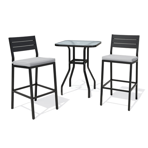 3-Piece Metal Frame Outdoor Bar Set with Glass Top and Umbrella Hole