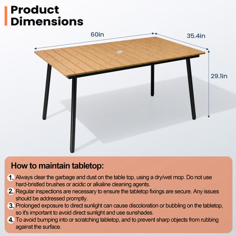 Pellebant 60 in. Outdoor Patio Dining Table with Wood-Like Top and Aluminum Frame
