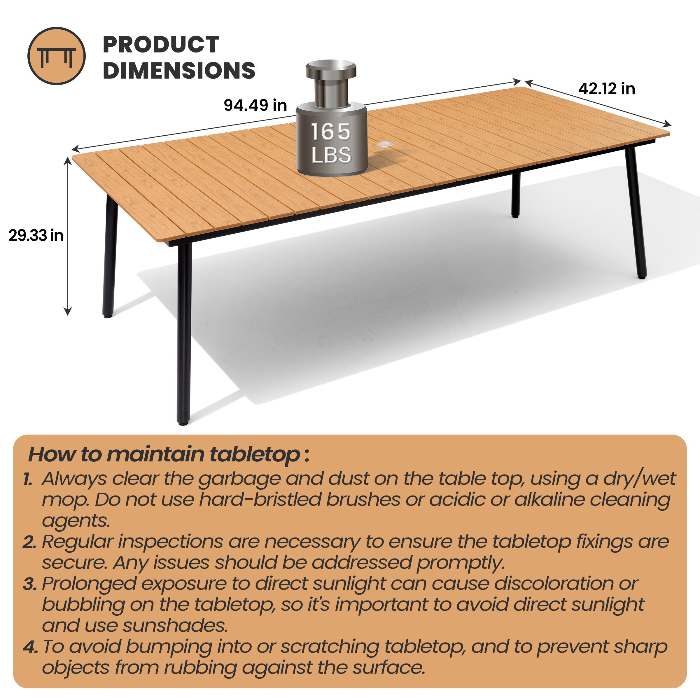 Pellebant 95 in. Outdoor Patio Dining Table with Wood-Like Top and Aluminum Frame
