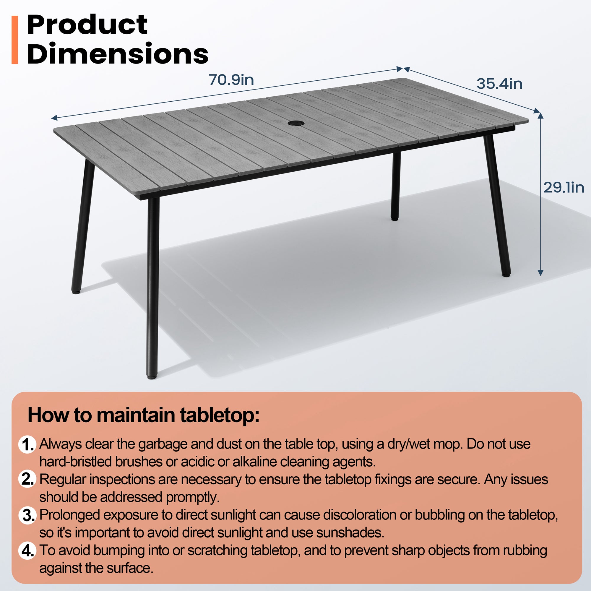 Pellebant 71 in. Outdoor Patio Dining Table with Wood-Like Top and Aluminum Frame