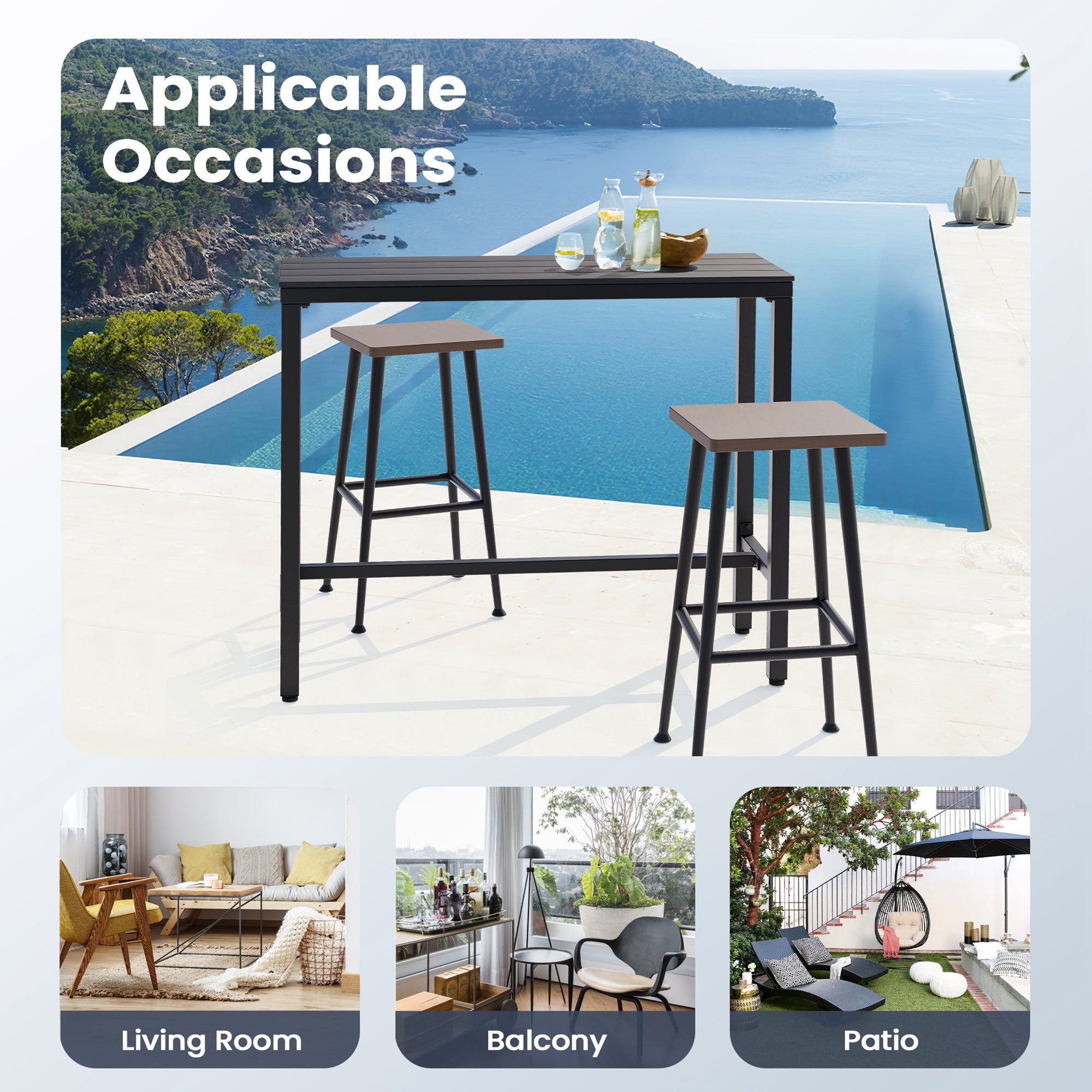 Pellebant Rectangle Outdoor Bar Table with Waterproof Top and Sturdy Metal Frame