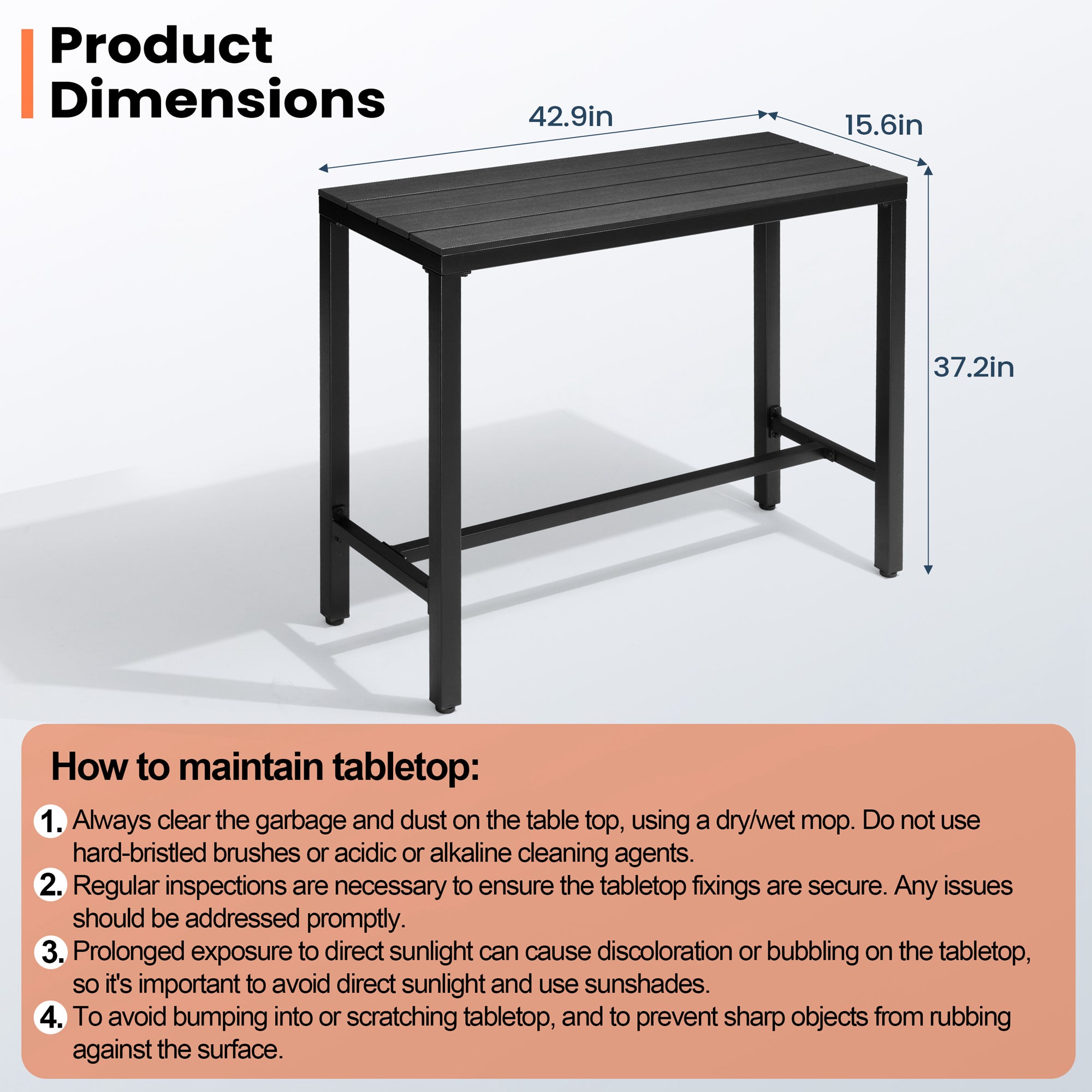 Pellebant 43 in. Rectangle Outdoor Bar Table with Waterproof Top and Sturdy Metal Frame