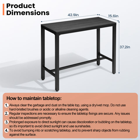 Pellebant 43 in. Rectangle Outdoor Bar Table with Waterproof Top and Sturdy Metal Frame