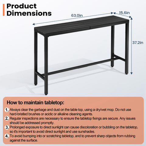 Pellebant 63 in. Rectangle Outdoor Bar Table with Waterproof Top and Sturdy Metal Frame