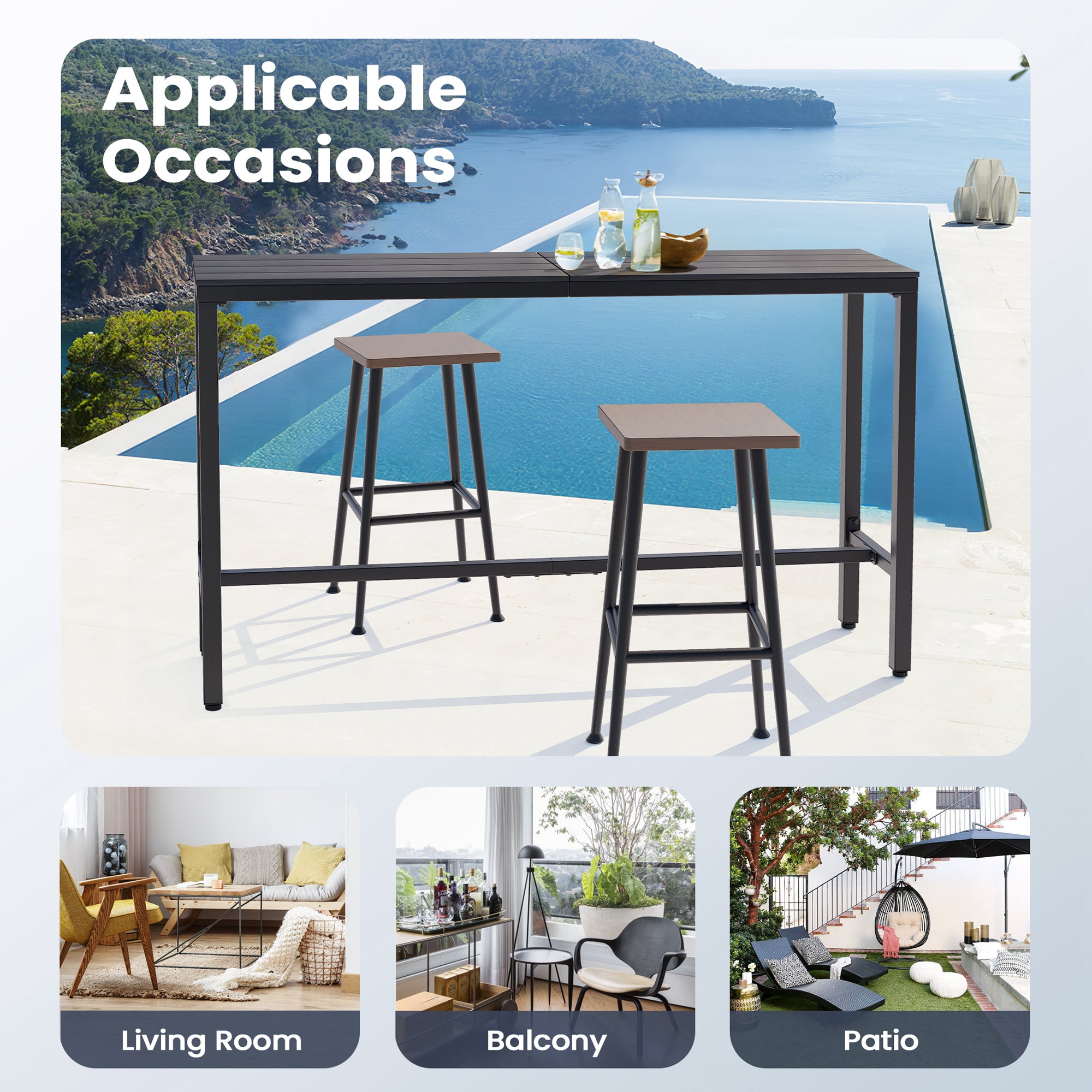 Pellebant 63 in. Rectangle Outdoor Bar Table with Waterproof Top and Sturdy Metal Frame