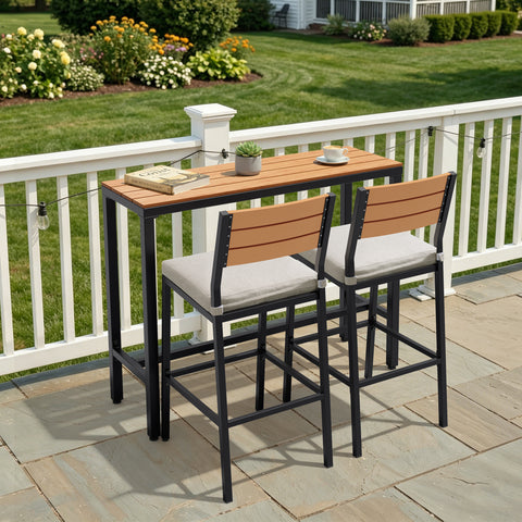 3-Piece Outdoor Bar Set with Wood-Plastic Table and Bar Chairs