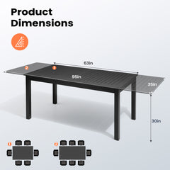 63–95 x 35 in. Expandable Aluminum Rectangular Outdoor Patio Dining Table