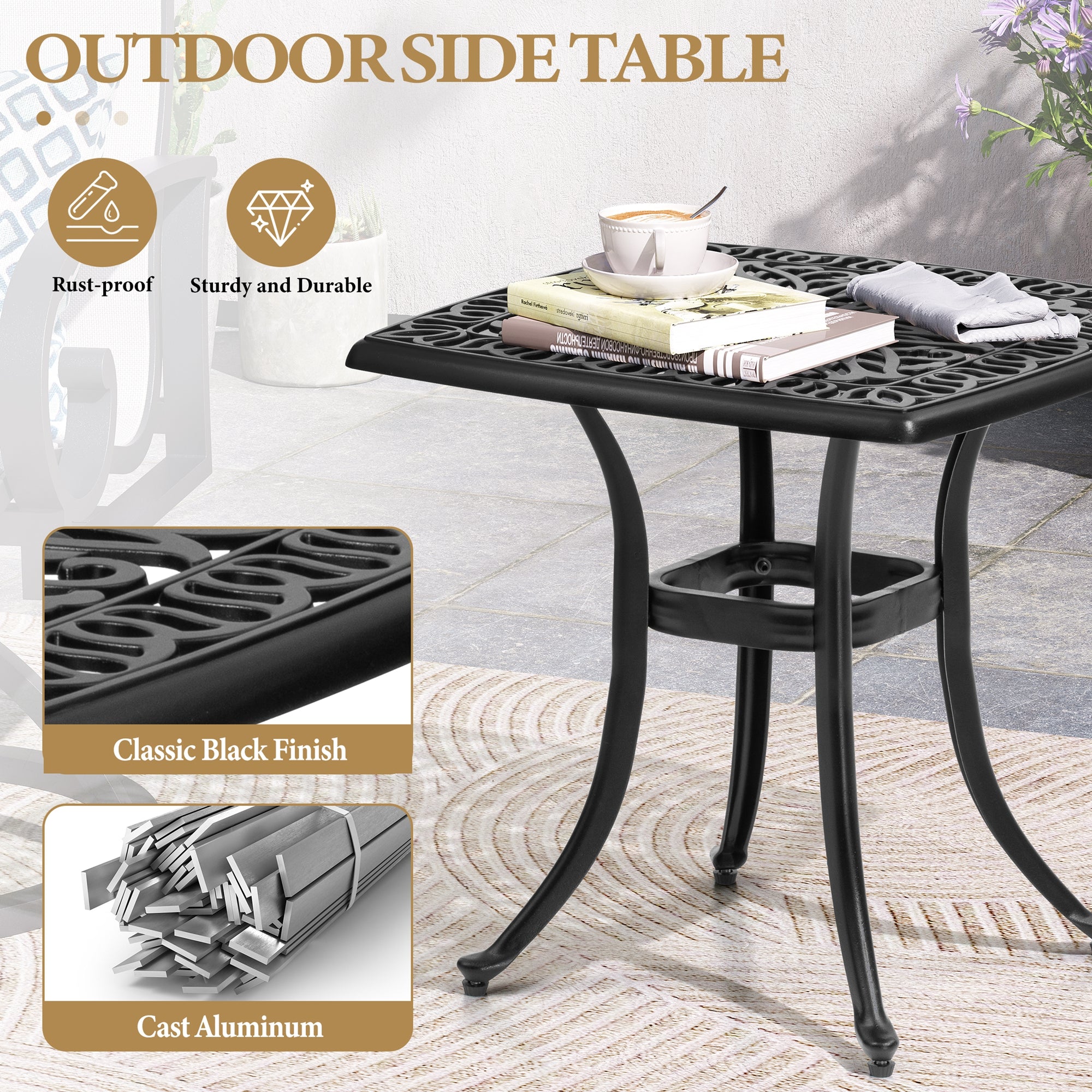 Pellebant Outdoor Side Table Cast Aluminum Metal Table Weather Resistant Small Patio Table for Garden, Pool, Balcony