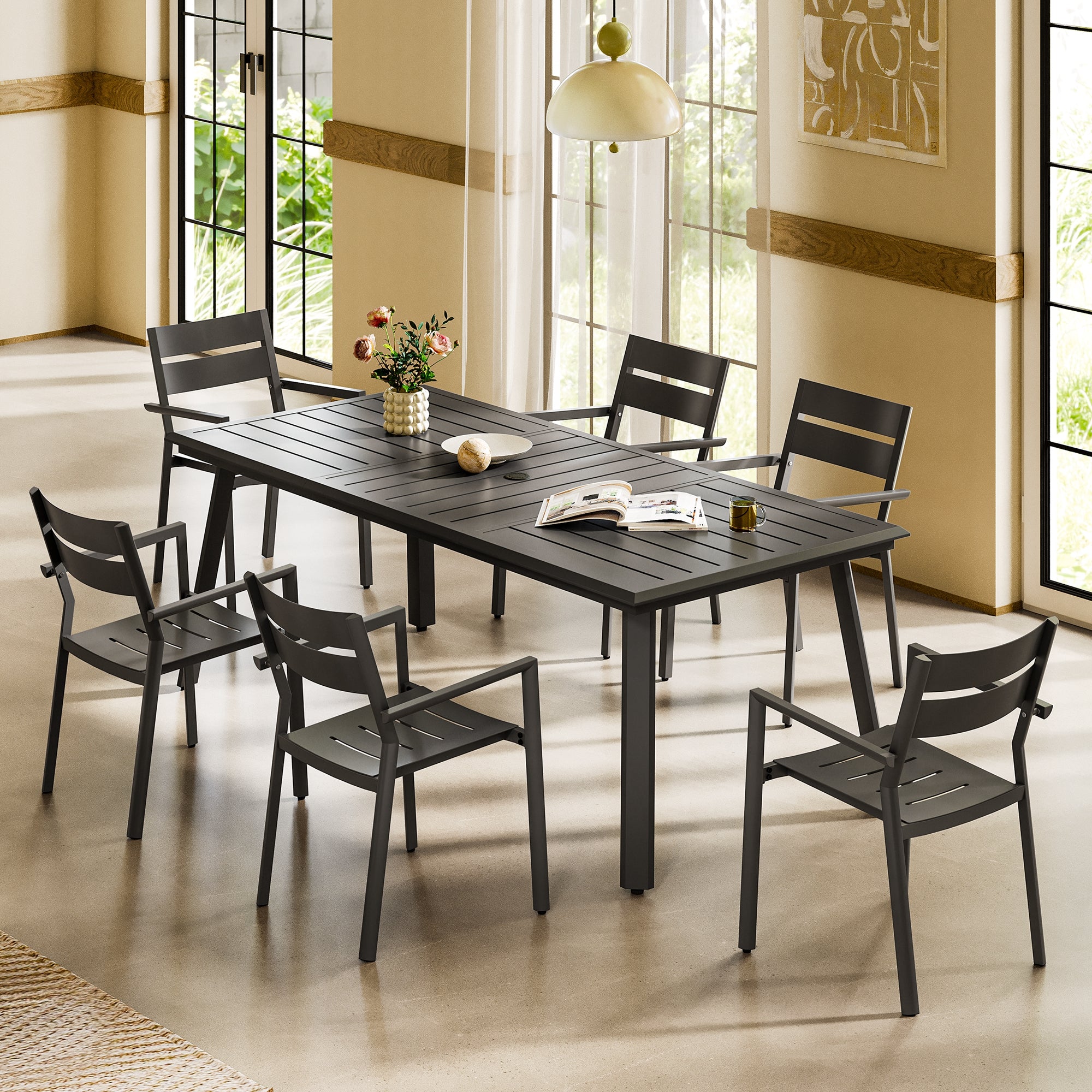 Pellebant Outdoor Aluminum Dining Table with Umbrella Hole for 6-10 Person 82.7
