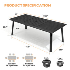 Aluminum Outdoor Dining Table with Umbrella Hole and Teak Armrest Folding Chairs Set