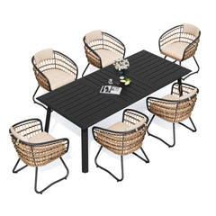 Aluminum Outdoor Patio Dining Table with Umbrella Hole and Wicker Chairs with Cushions Set