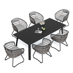 Aluminum Outdoor Patio Dining Table with Umbrella Hole and Wicker Chairs with Cushions Set
