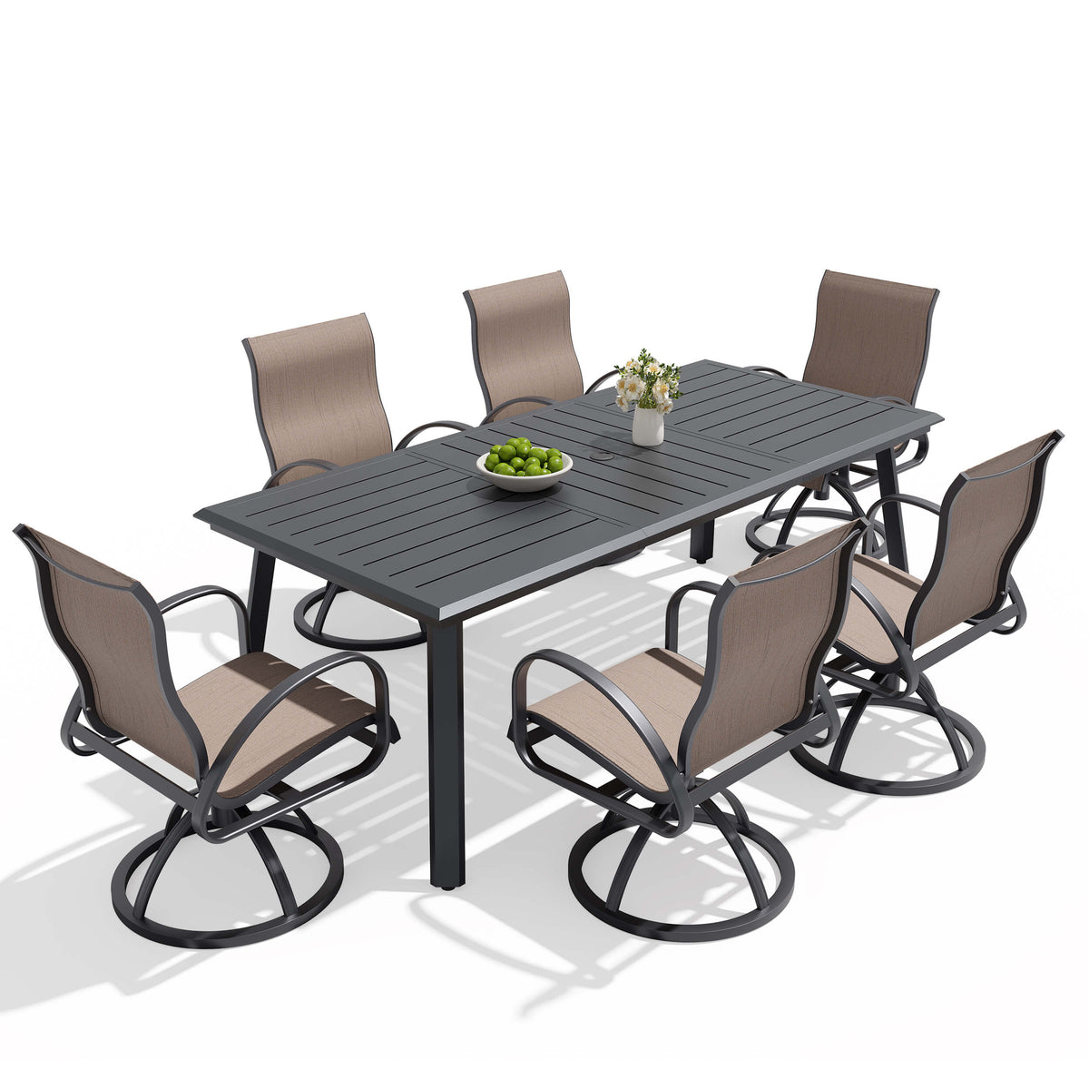 Aluminum Outdoor Dining Set with Straight-Arm Sunbrella Swivel Rocking Chairs