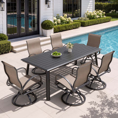 Aluminum Outdoor Dining Set with Straight-Arm Sunbrella Swivel Rocking Chairs