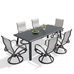 Aluminum Outdoor Dining Set with Straight-Arm Sunbrella Swivel Rocking Chairs