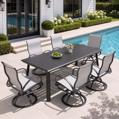 Aluminum Outdoor Dining Set with Straight-Arm Sunbrella Swivel Rocking Chairs