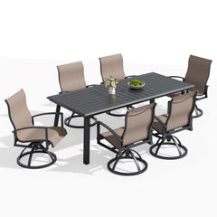 Aluminum Outdoor Dining Set with Curved-Arm Sunbrella Swivel Rocking Chairs