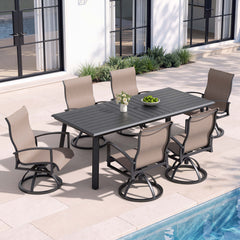 Aluminum Outdoor Dining Set with Curved-Arm Sunbrella Swivel Rocking Chairs