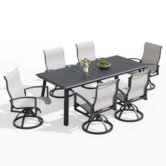 Aluminum Outdoor Dining Set with Curved-Arm Sunbrella Swivel Rocking Chairs