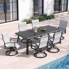 Aluminum Outdoor Dining Set with Curved-Arm Sunbrella Swivel Rocking Chairs