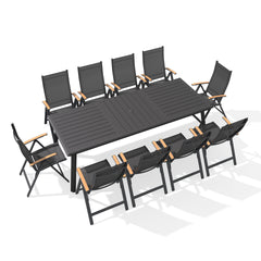 Aluminum Outdoor Dining Table with Umbrella Hole and Teak Armrest Folding Chairs Set