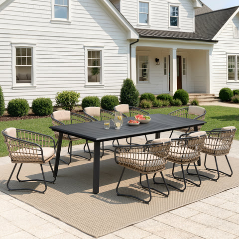 Aluminum Outdoor Patio Dining Table with Umbrella Hole and Wicker Chairs with Cushions Set