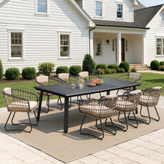 Aluminum Outdoor Patio Dining Table with Umbrella Hole and Wicker Chairs with Cushions Set
