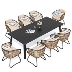 Aluminum Outdoor Patio Dining Table with Umbrella Hole and Wicker Chairs with Cushions Set