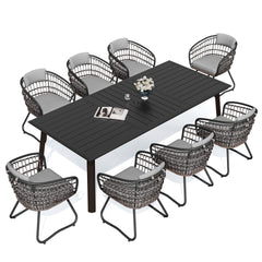 Aluminum Outdoor Patio Dining Table with Umbrella Hole and Wicker Chairs with Cushions Set