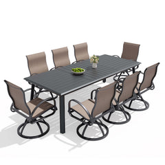 Aluminum Outdoor Dining Set with Straight-Arm Sunbrella Swivel Rocking Chairs