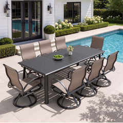 Aluminum Outdoor Dining Set with Straight-Arm Sunbrella Swivel Rocking Chairs